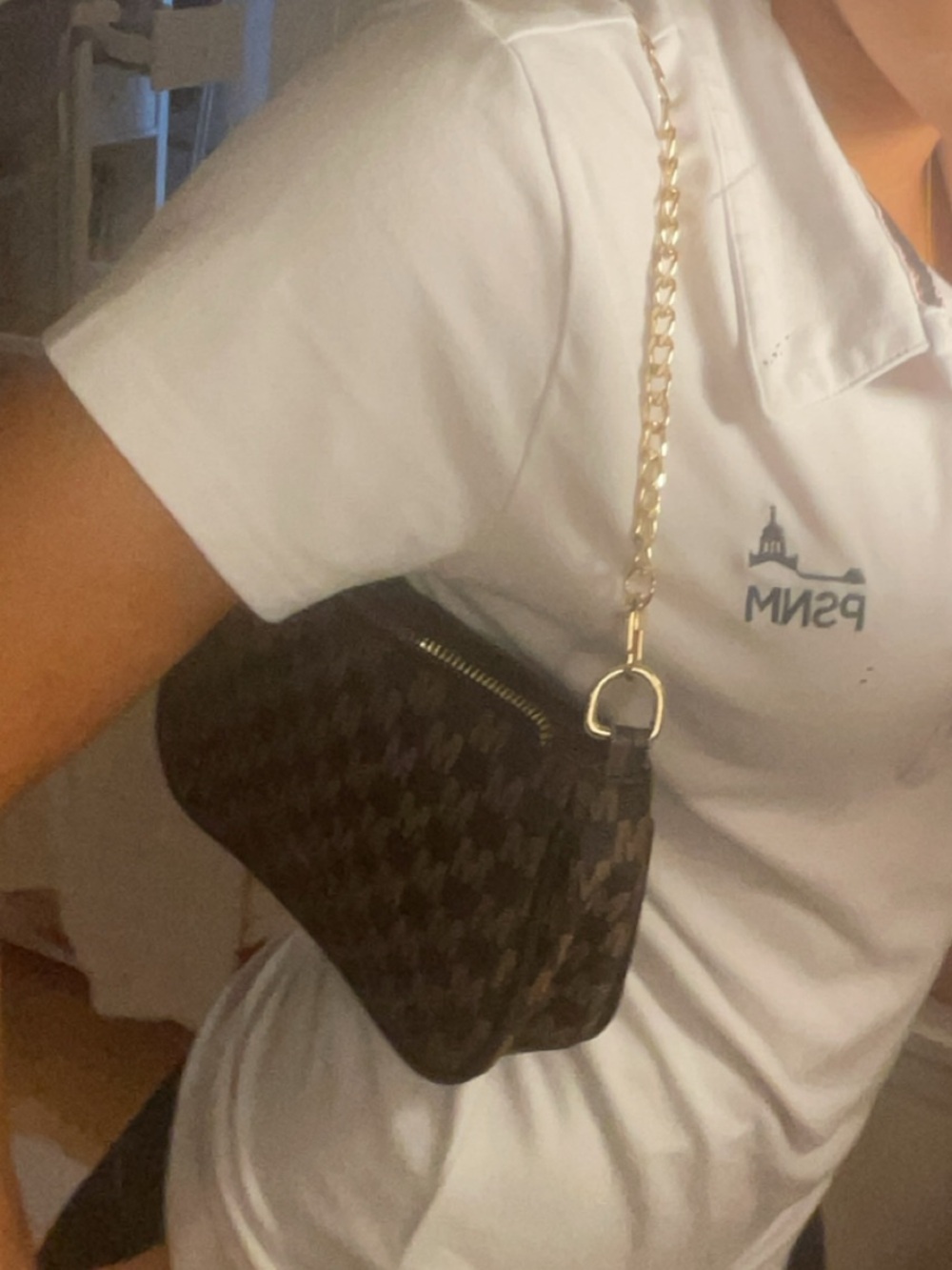Like New Classic Brown Checker Shoulder Bag with Gold Chain